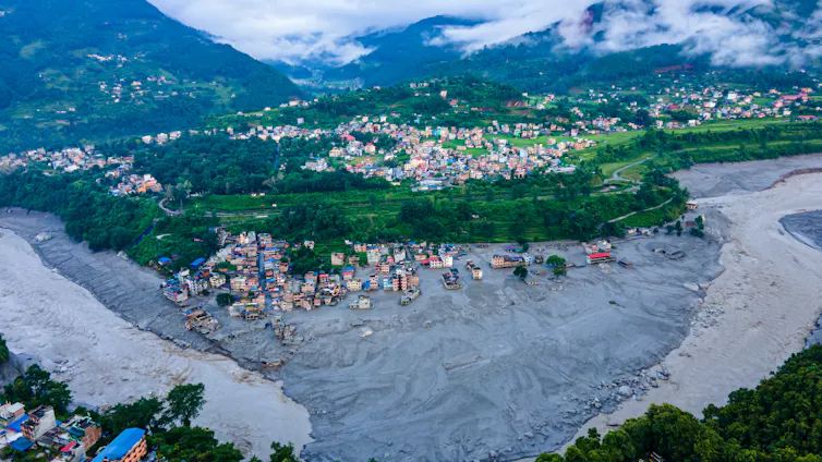 Aerial view of flood damage in Nepal
