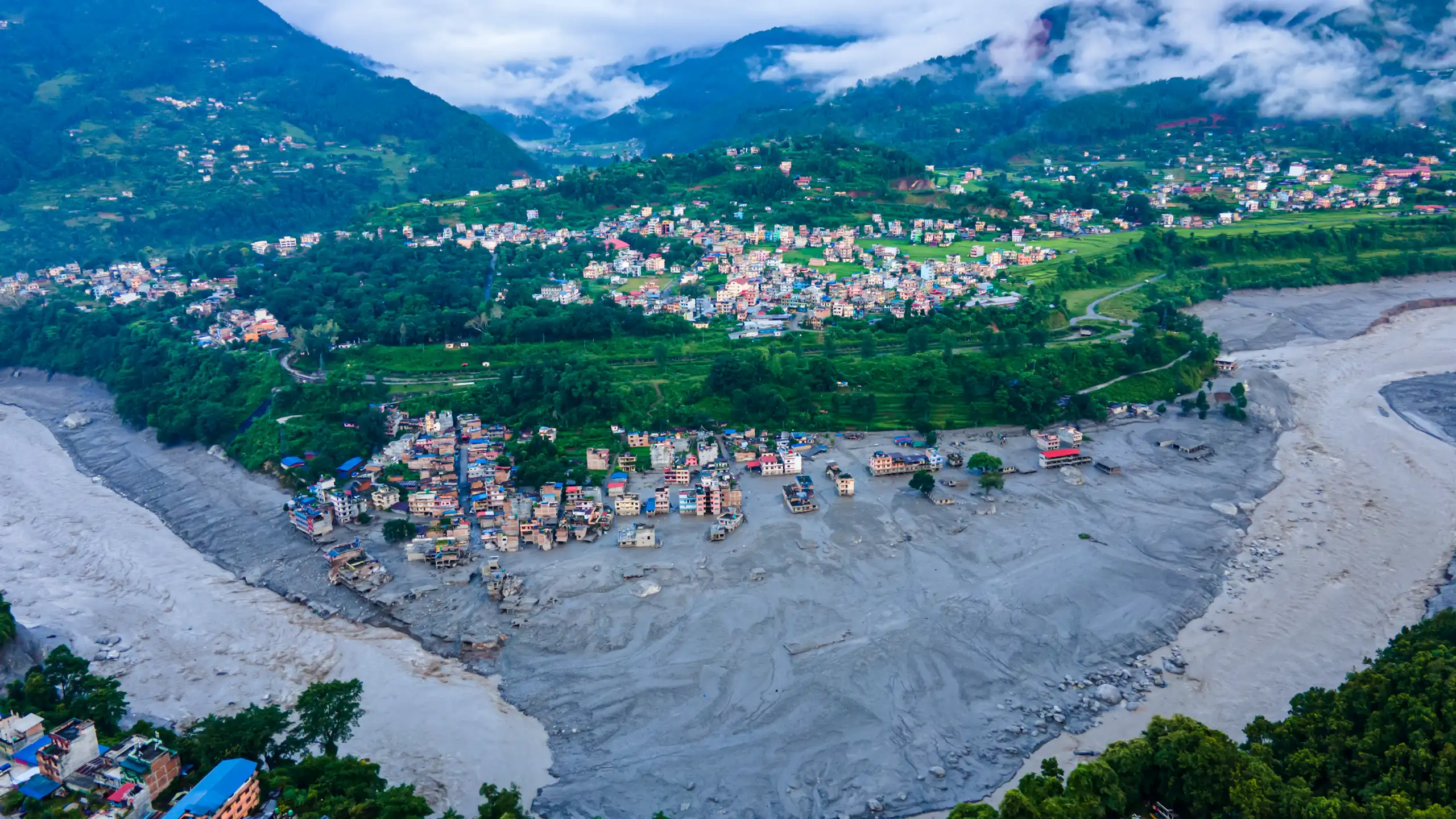Aerial view of flood damage in Nepal