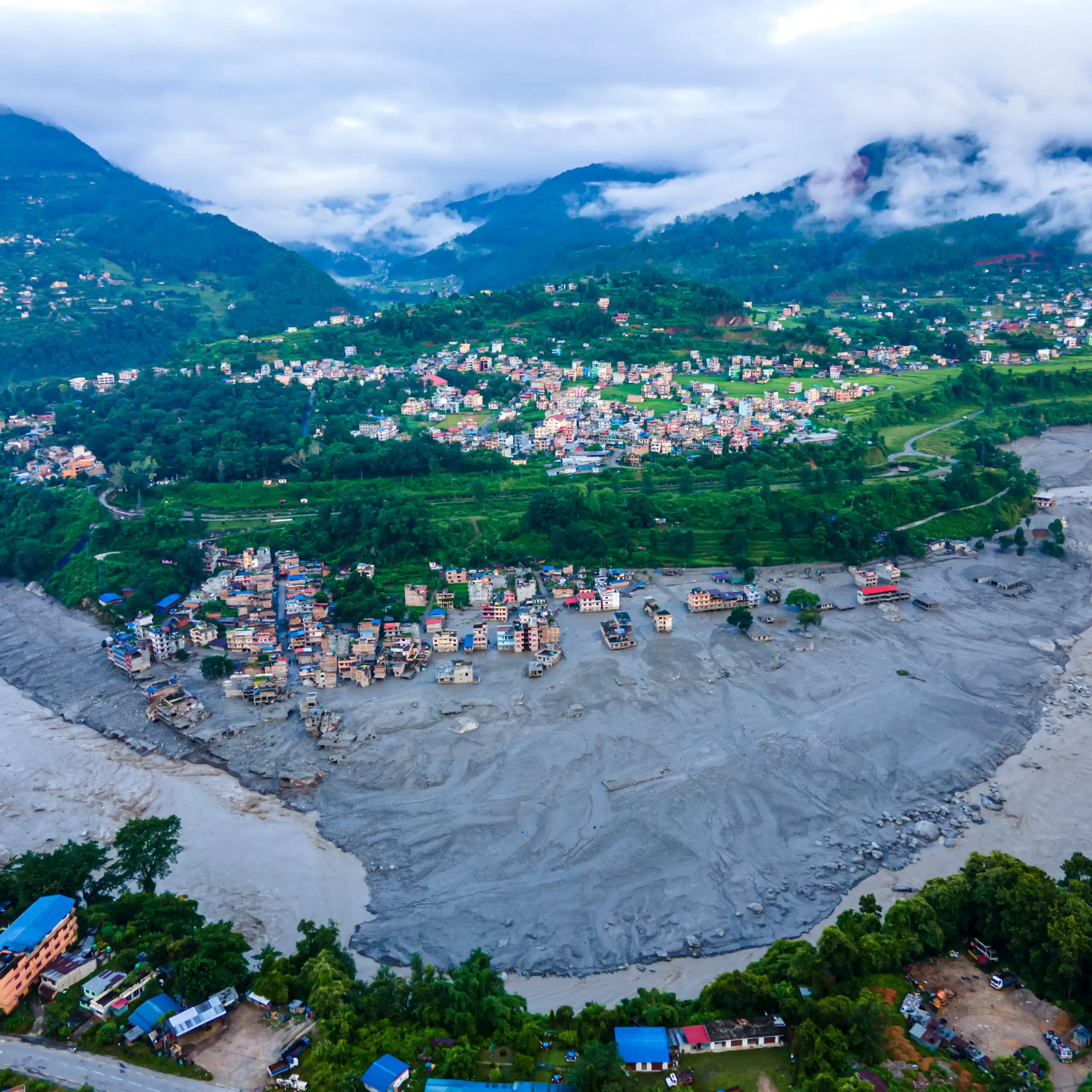 Aerial view of flood damage in Nepal