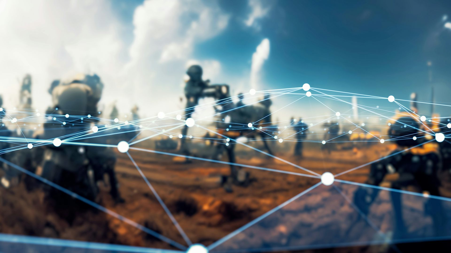 A depiction of working robots and communication networks