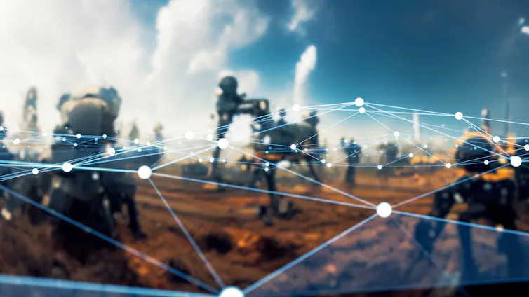 A depiction of working robots and communication networks