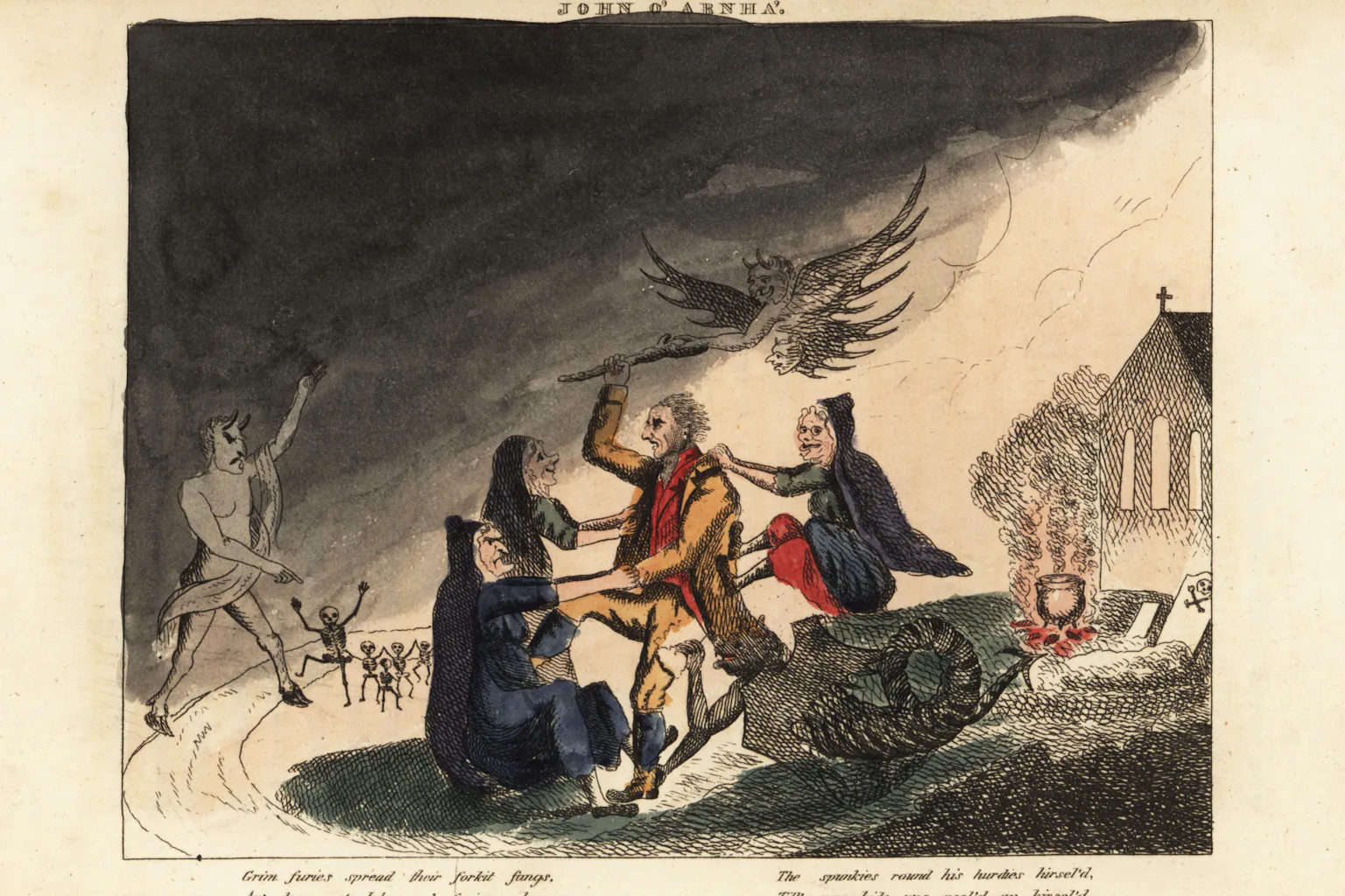 A painting showing a man in a long jacket being pulled in different directions by three women in black cloaks and other supernatural-looking figures nearby. A w