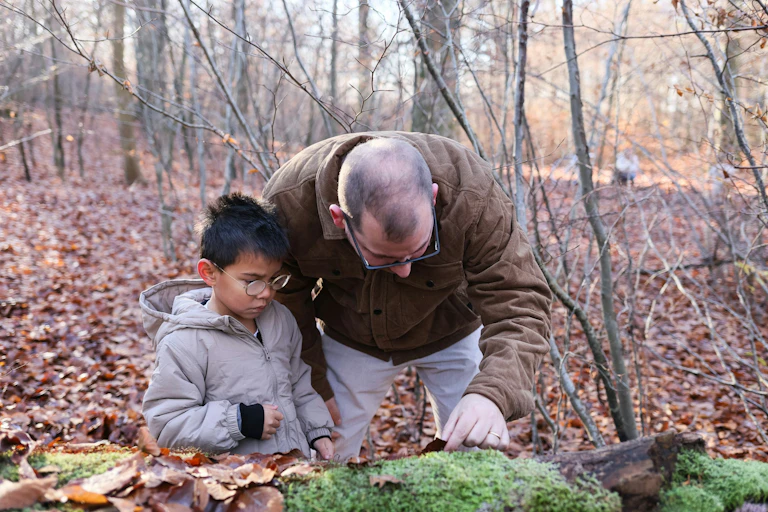 A man with a balding head bends to look at leaves and moss in a woodland and show something to a young boy by his side.