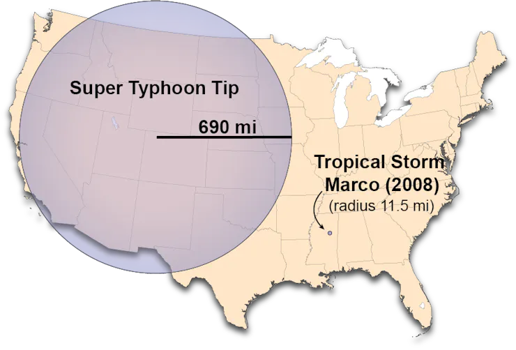 A map shows the difference in size between the largest tropical storm, Tip, which took up half the Lower 48 states, and Marcos, which was about the size of New York City.