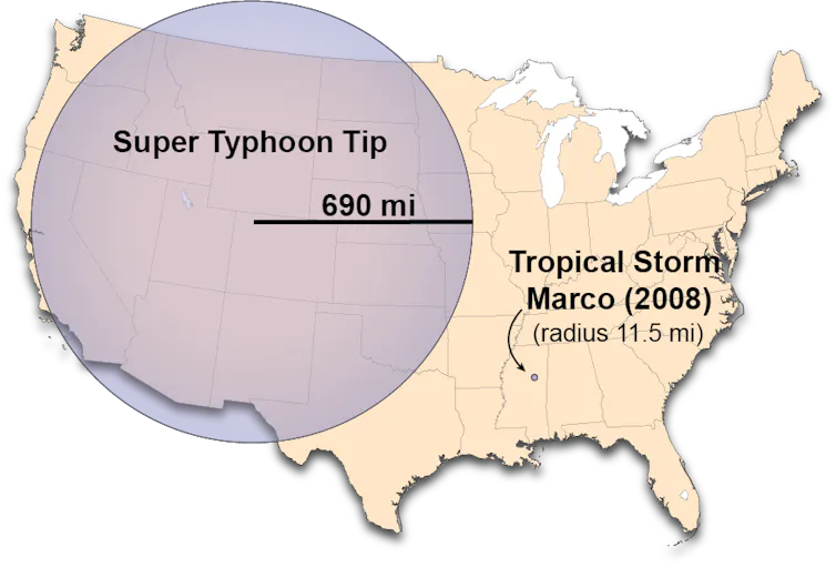 A map shows the difference in size between the largest tropical storm, Tip, which took up half the Lower 48 states, and Marcos, which was about the size of New York City.