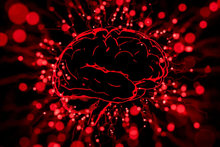Abstract 3D red glowing brain with neural connections and energy particles on a dark background.