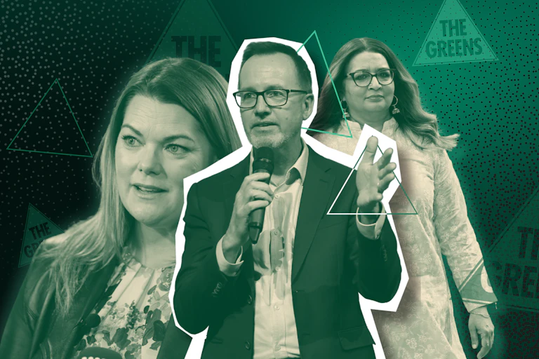 David Shoebridge, Mehreen Faruqi and Sarah Hanson-Young on a green background with Greens party logos