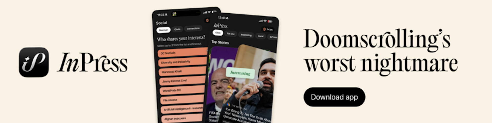 Images of smartphone on screen with text doomscrolling's worst nightmare, with a cream background