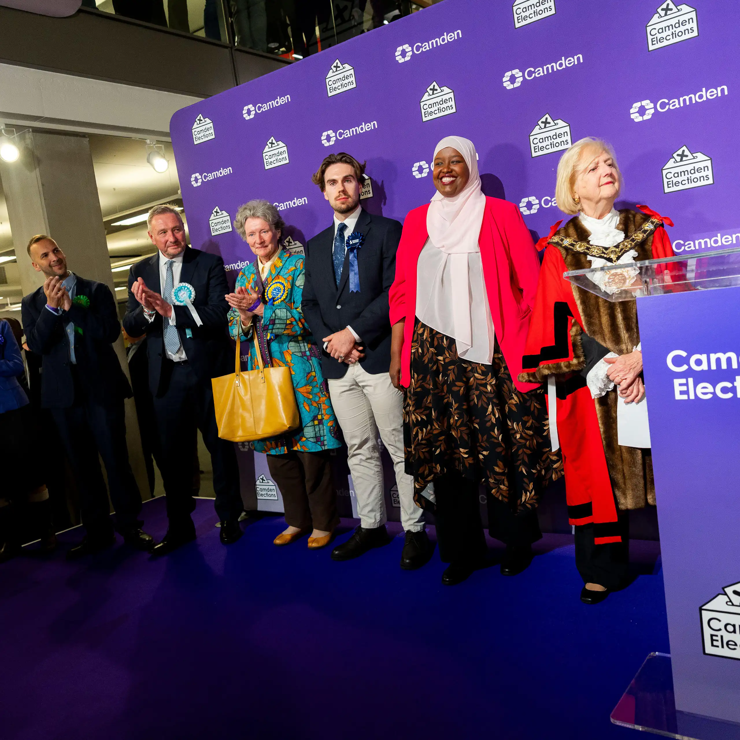 Sagal Abdi-Wali with other candidates and mayor at result of holborn and st pancras byelection.
