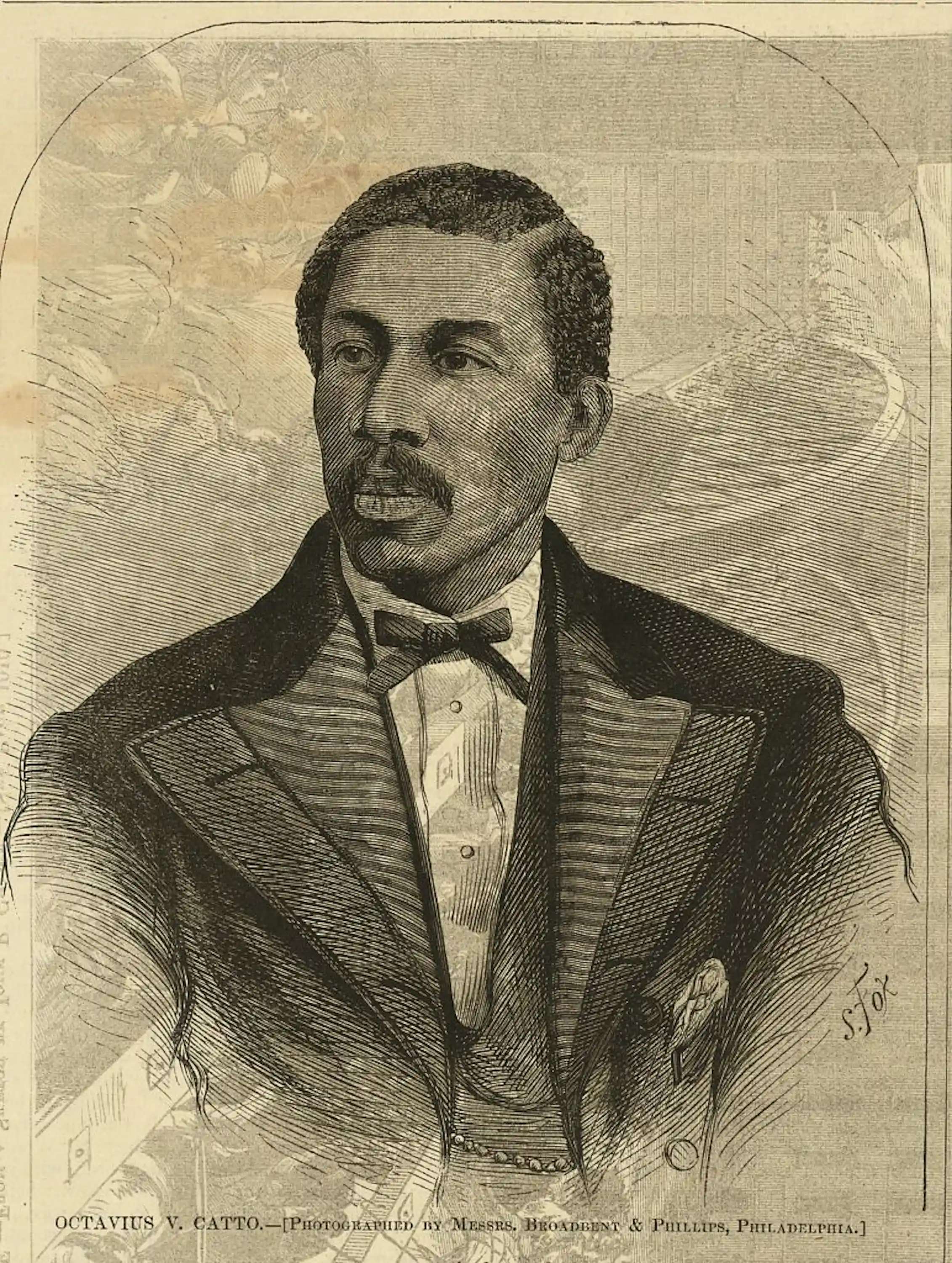 A photograph-like drawing of man with parted hair and mustache and wearing 18th-century suit