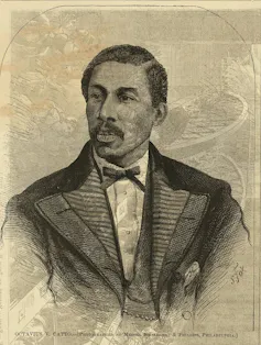 A photograph-like drawing of man with parted hair and mustache and wearing 18th-century suit