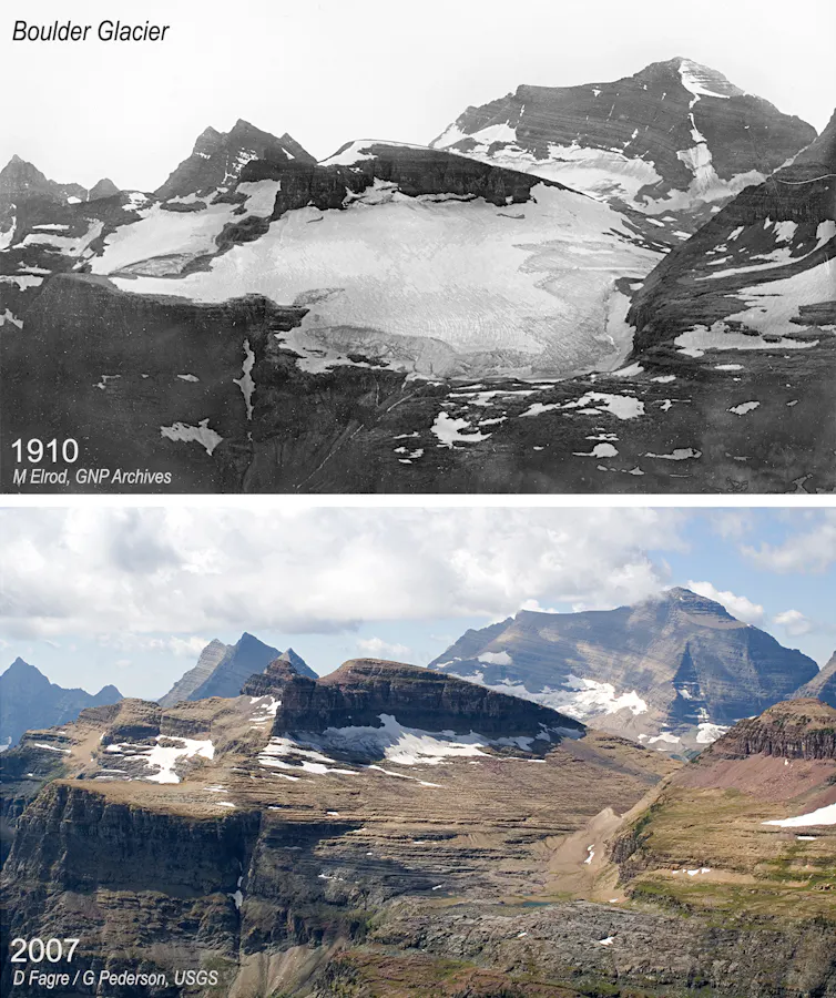 Two images of the same view, with a large glacier in 1910 and only a sliver left in the shade in 2007.