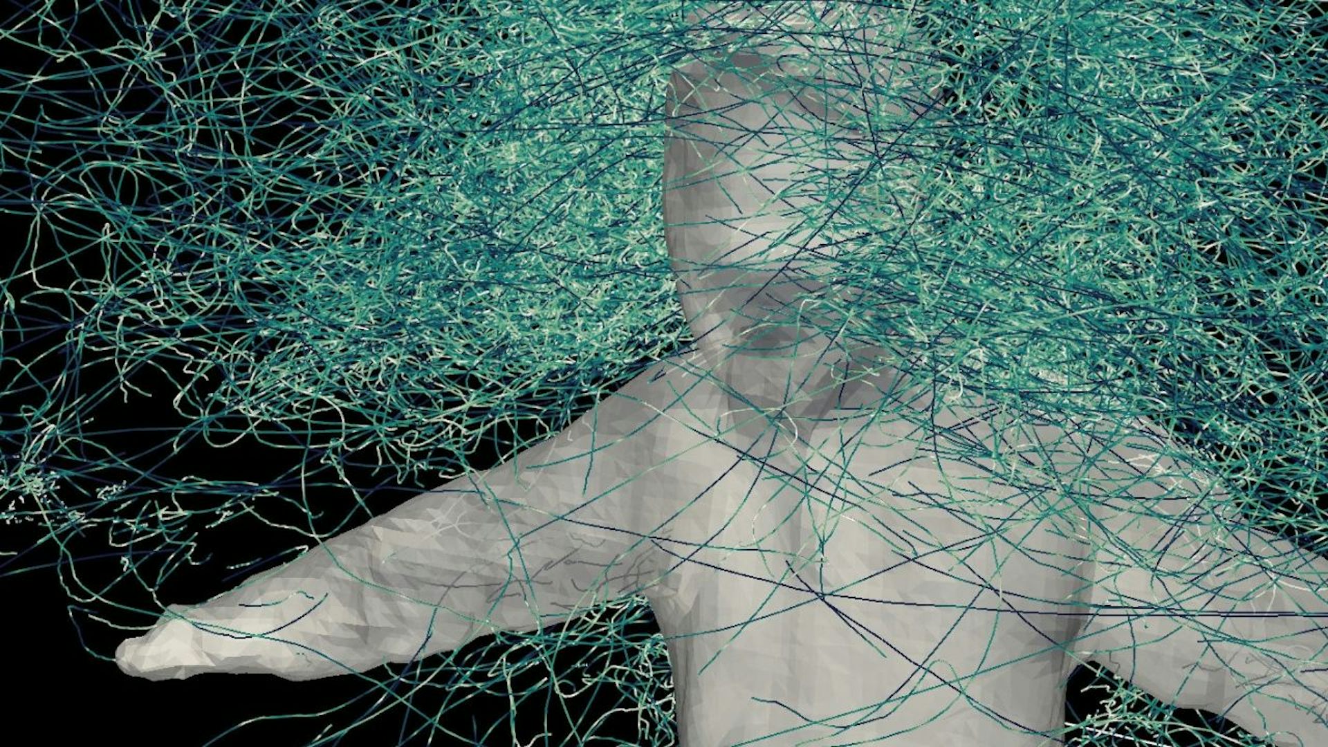 Illustration of a human figure surrounded by criscrossing green lines 