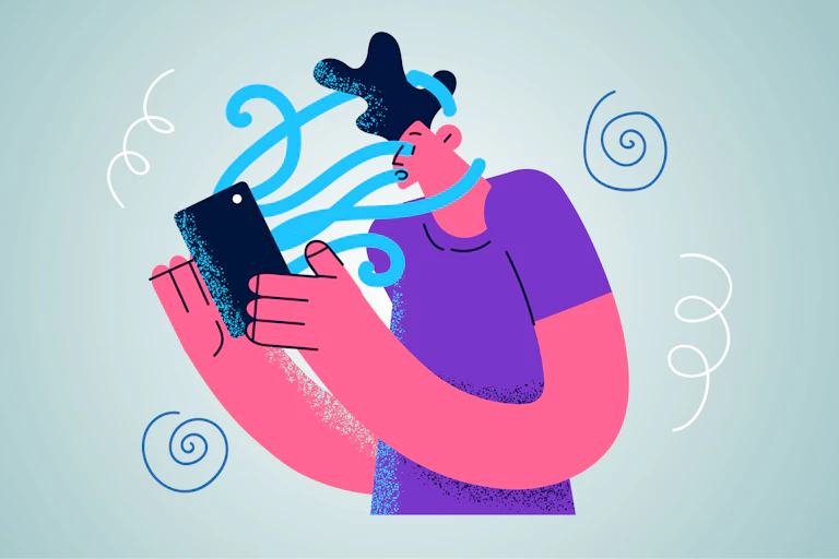 Illustration of young man looking at phone shooting blue lines at his eyes, mouth and head