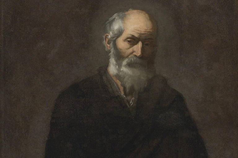 A dark-colored painting shows a balding man with a white beard, holding a book and wearing a brown cloak.