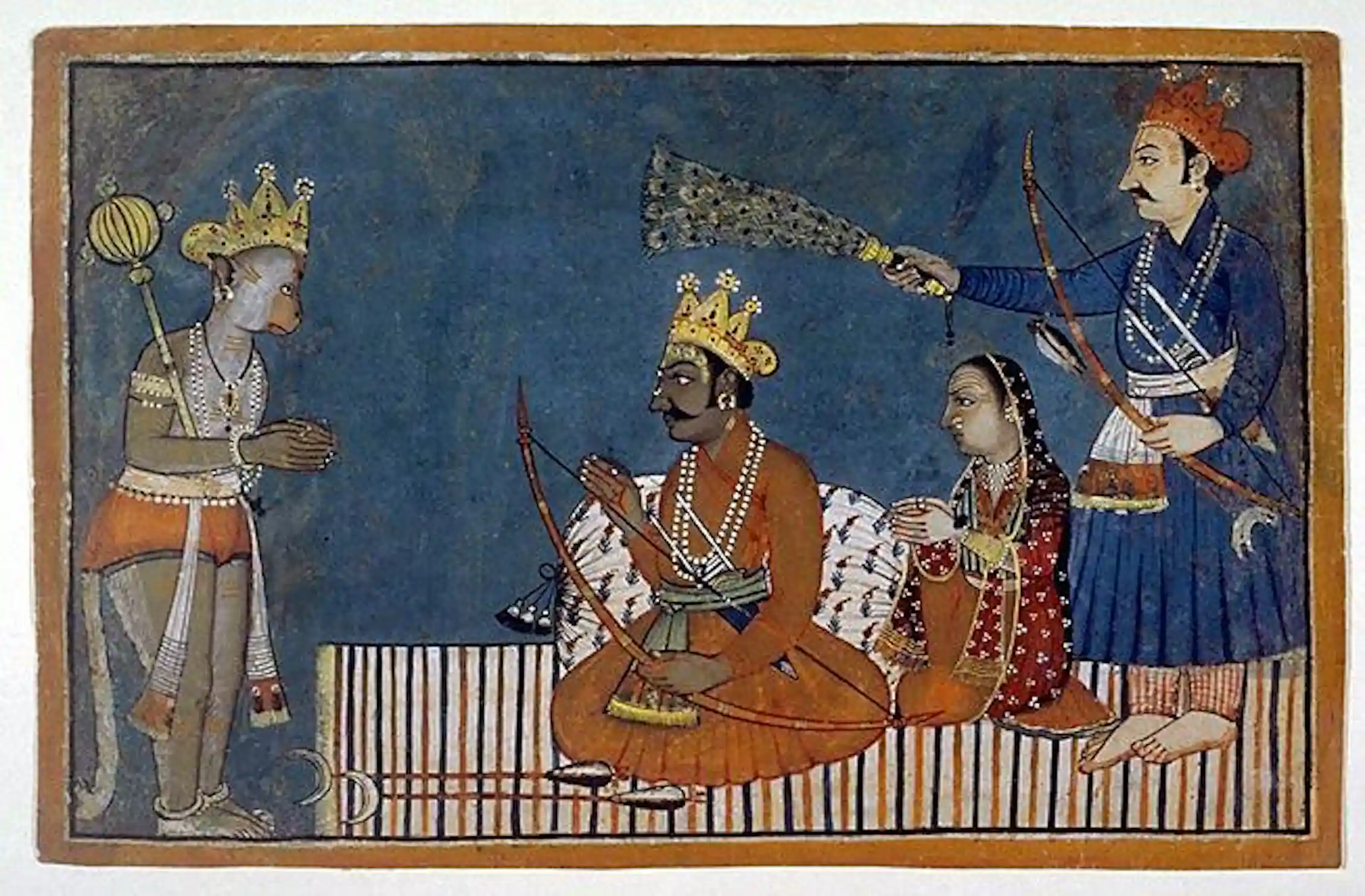 A crowned Hanuman stands with head bowed before a king seated next to his queen, while a person stands behind them with a fan.