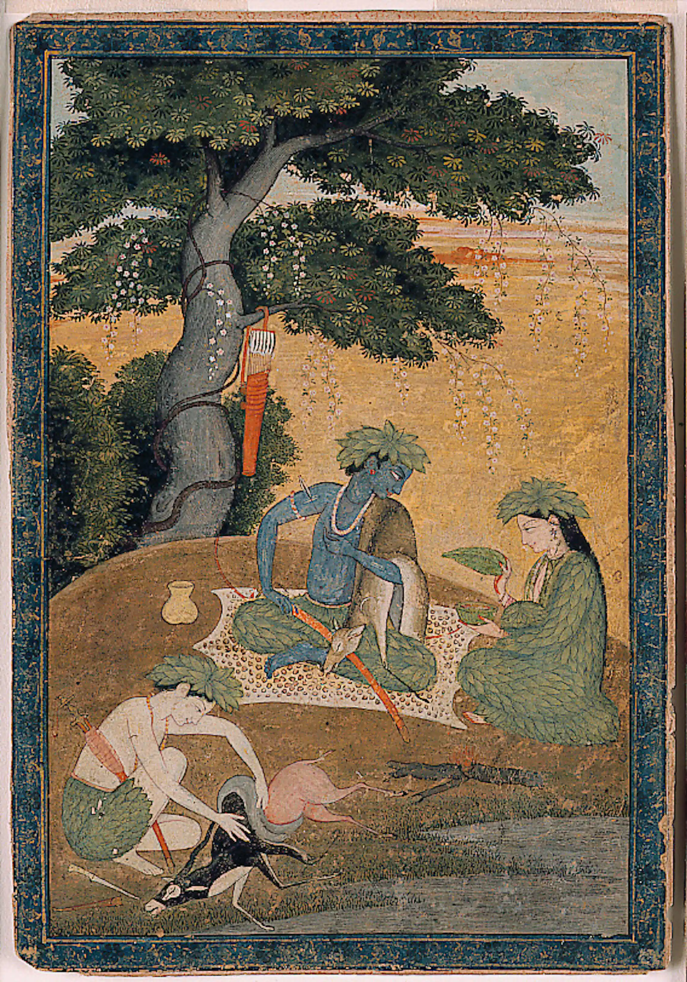 A painting depicting a couple seated beneath a large tree, with another man sitting nearby holding a deer.