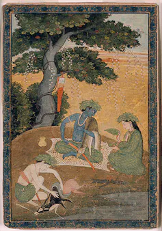 A painting depicting a couple seated beneath a large tree, with another man sitting nearby holding a deer.