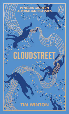 book cover - Cloudstreet - blue cover with nets and swirling figures