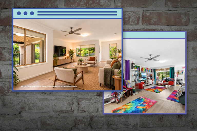 A Queensland property listing featuring AI imagery on the left, and reality on the right