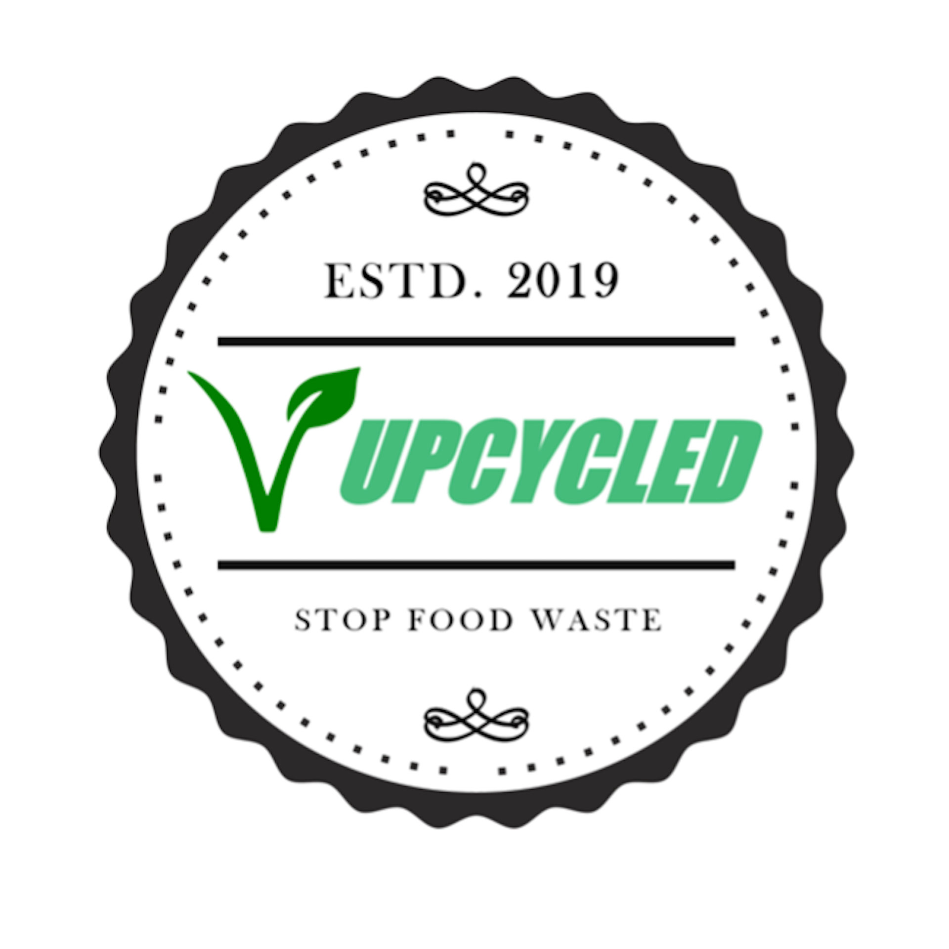 A logo for upcycled foods notes it was established in 2019 and urges shoppers to 'stop food waste.'