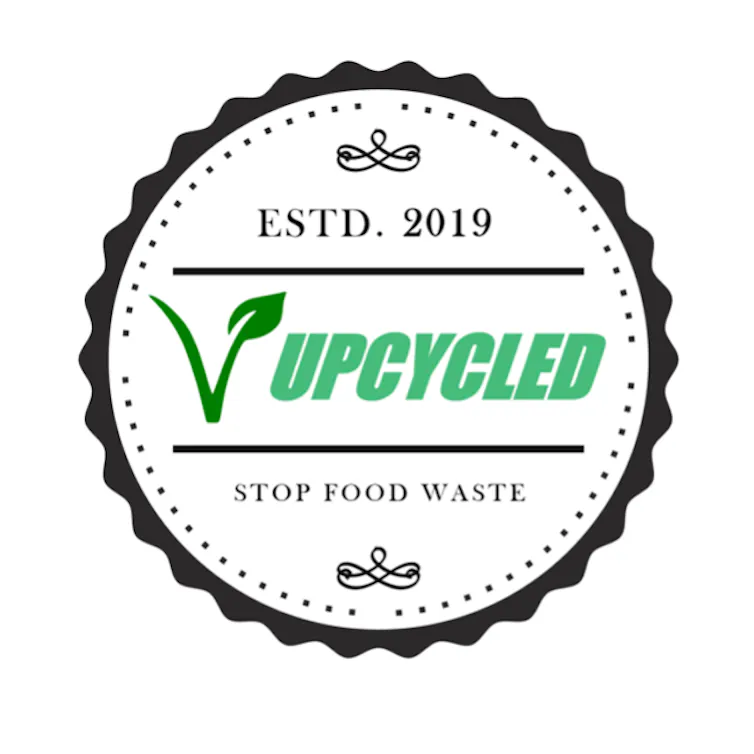 A logo for upcycled foods notes it was established in 2019 and urges shoppers to 'stop food waste.'