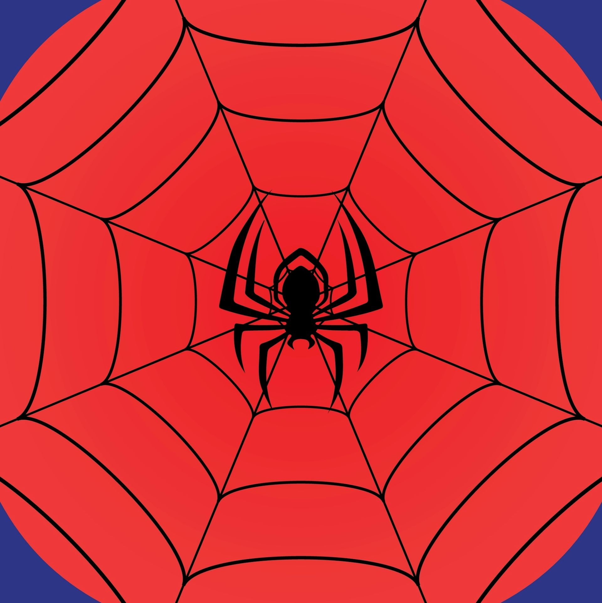 A red background with a black spider's web and a huge black spider on it.