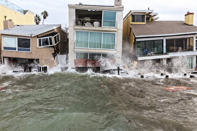 Three homes collapsing as they're battered by high waves.