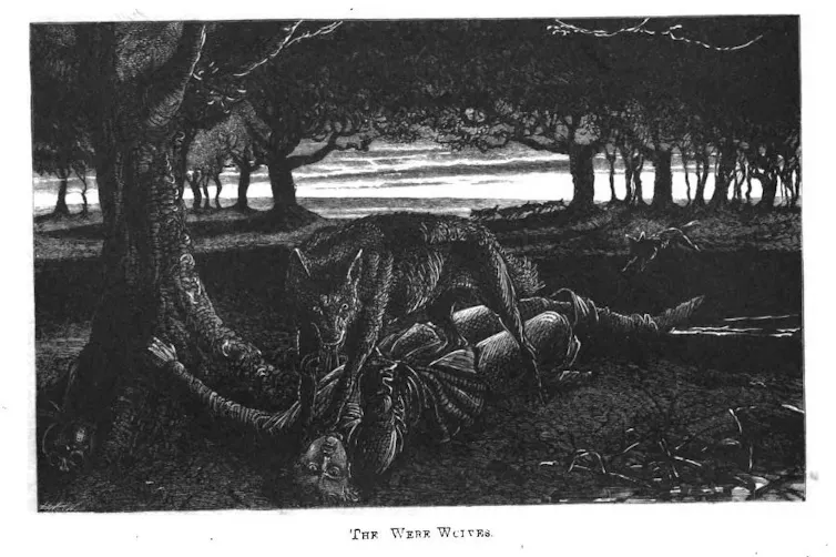 Illustration of a wolf snarling on top of a man