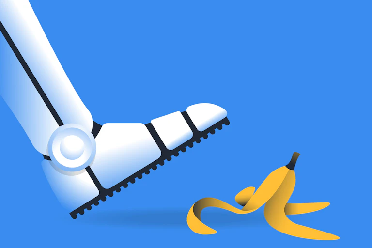 Robot steps on banana peel.