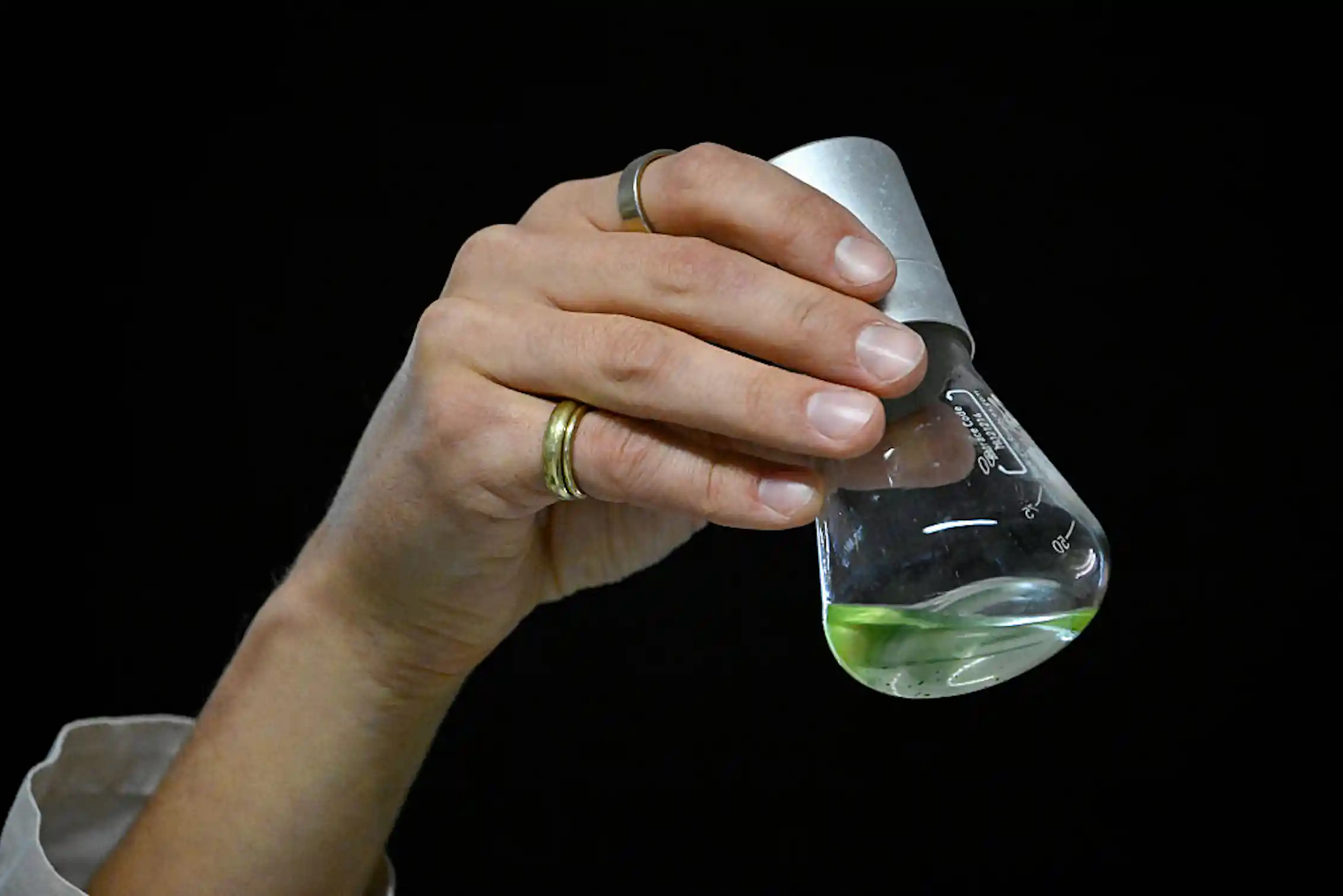 Close-up of hand holding an Erlenmeyer flask containing a sample of neon green liquid
