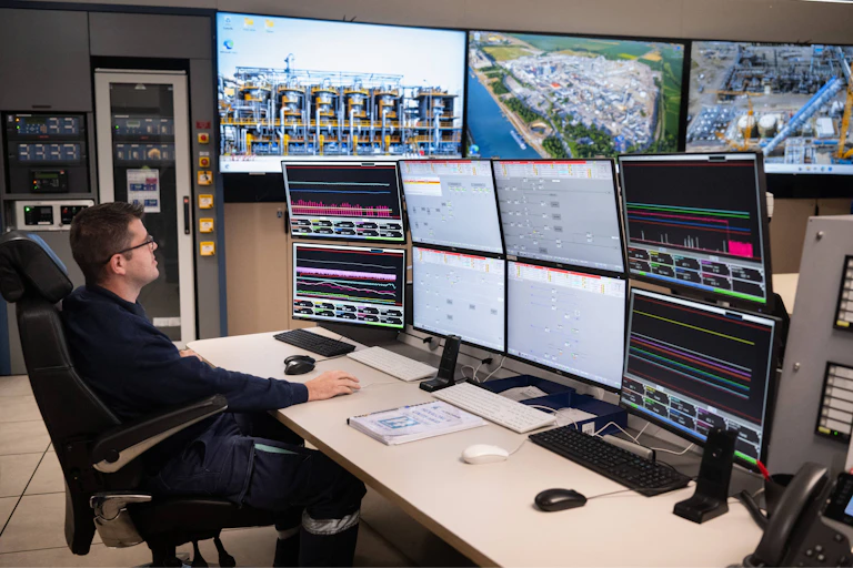 a man sitting at a desk looks at eight computer monitors, with three more visible on the wall behind them