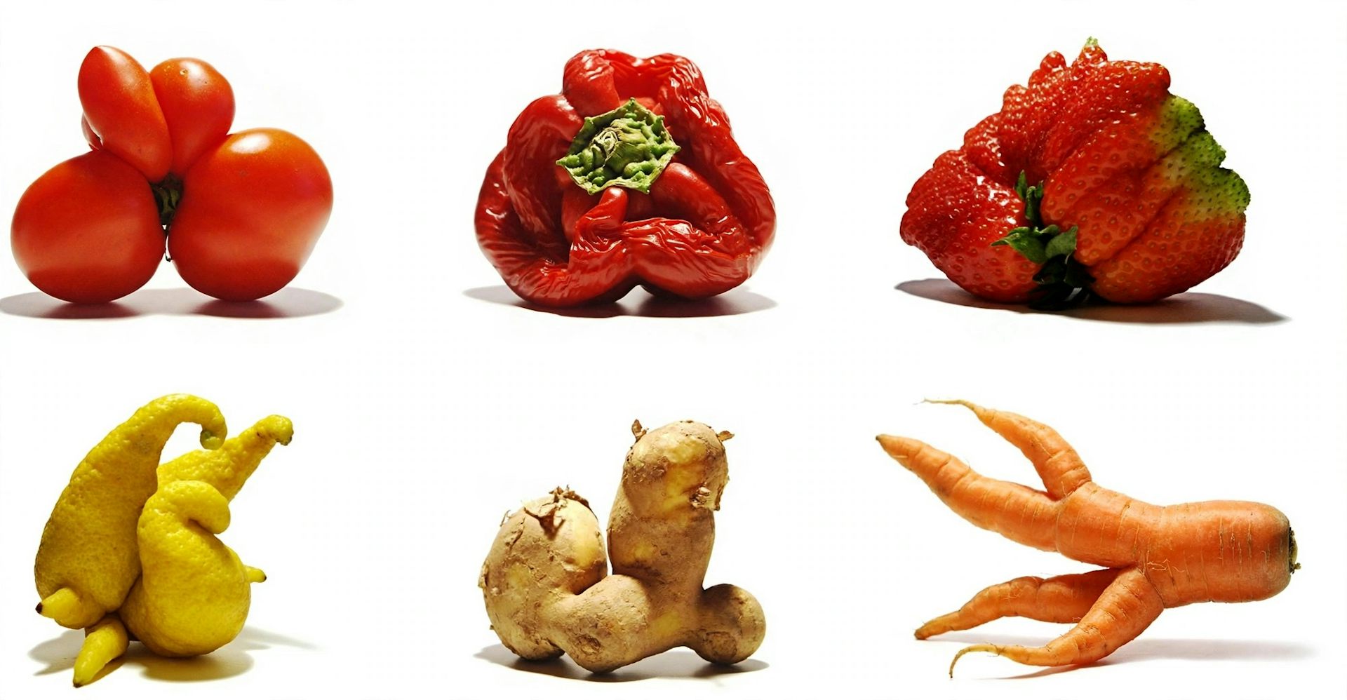 The photo image depicts a misshapen tomato, pepper, strawberry, lemon, ginger root and carrot.