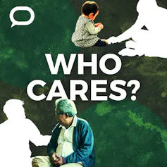 A composite image of a baby and an old man with text saying Who Cares