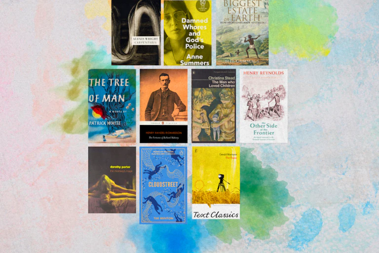 A collage of book covers against a coloured background