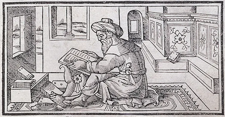 Ilustración en la página de título de una edición en latín de _Colliget_, la obra principal de Averroes en el ámbito de la medicina, 1530.