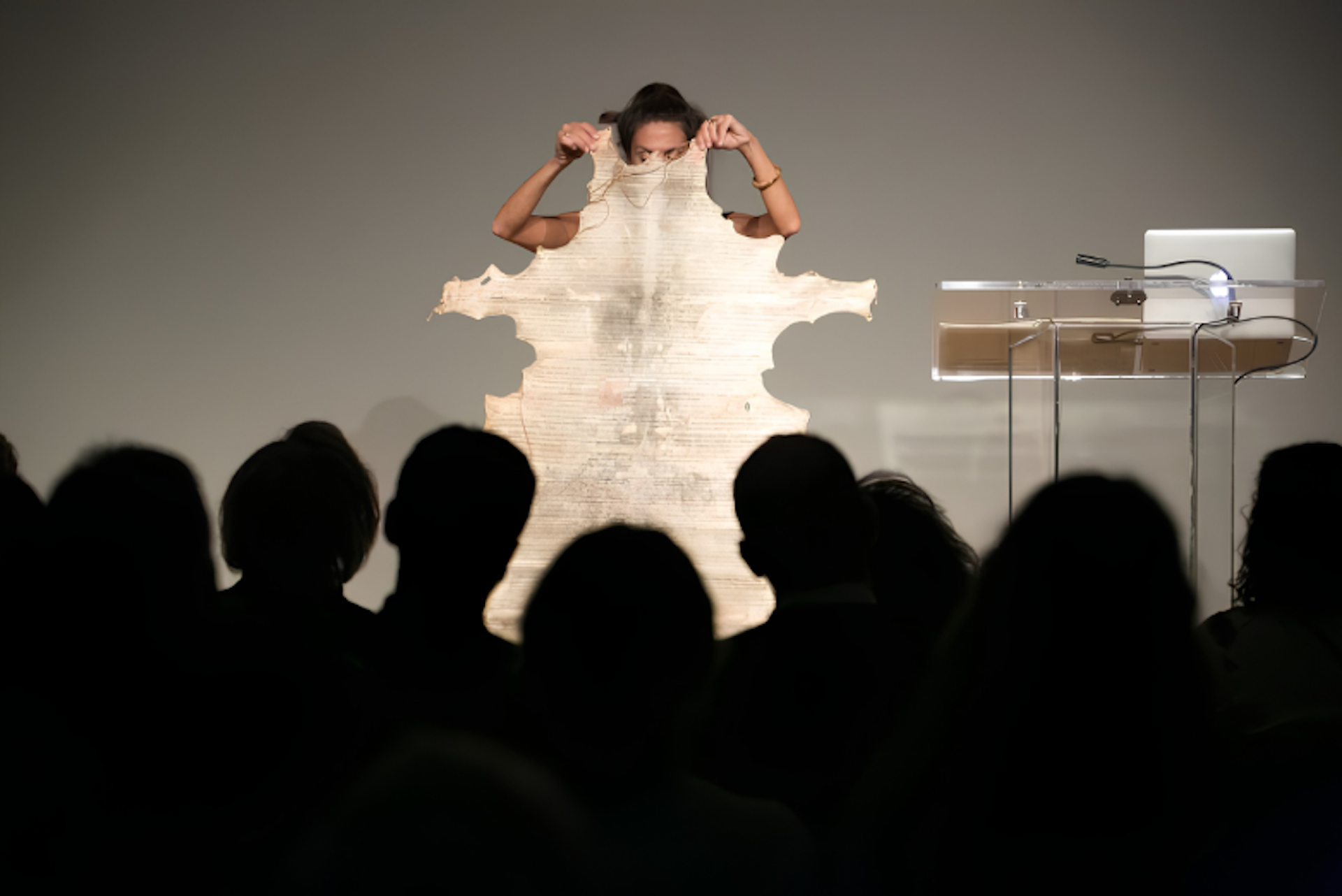 Giannisi holding her aigis during performance in 2016.