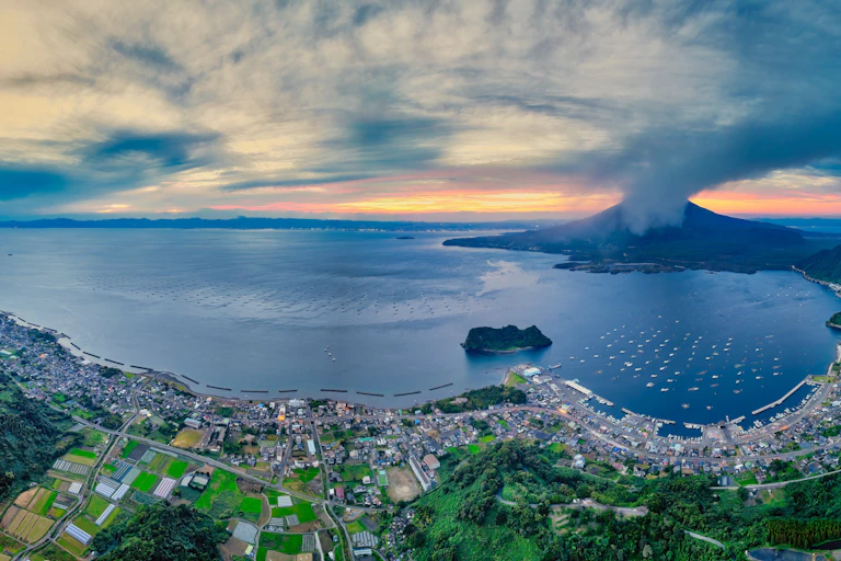 Japanese coastal landscape with volcano
