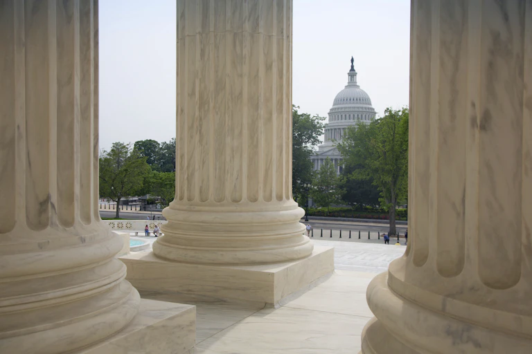 A view of a federal building in the background with large columns in the foreground.