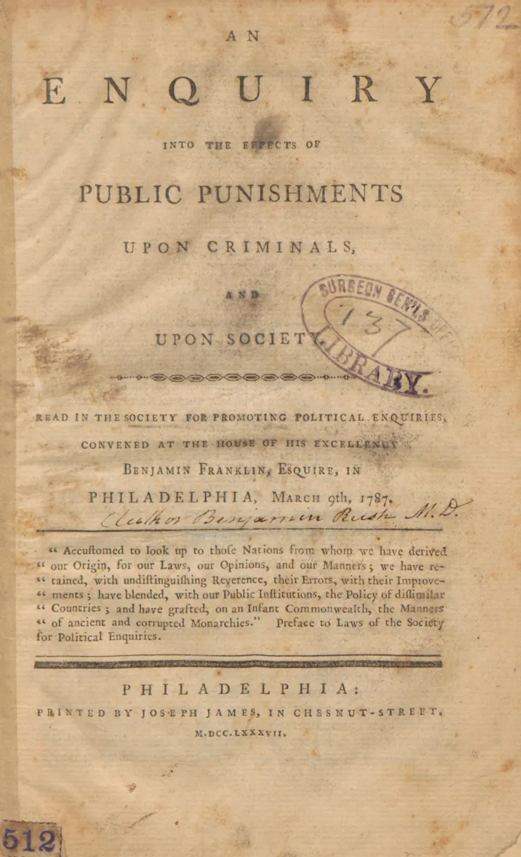 A title page from an 18th-century publication, 'An Enquiry into the Effects of Public Punishments upon Criminals and upon Society.'