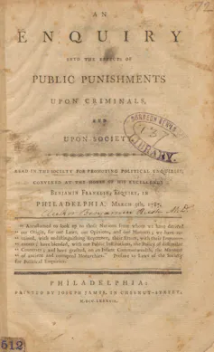 A title page from an 18th-century publication, 'An Enquiry into the Effects of Public Punishments upon Criminals and upon Society.'