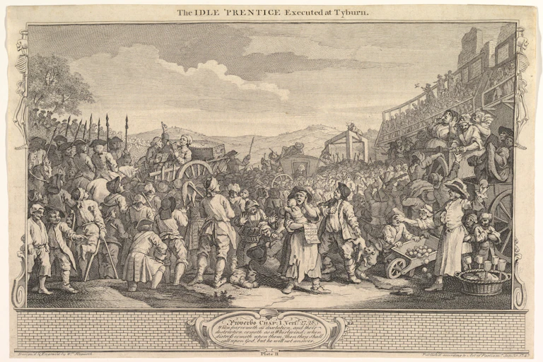 A crowd of people in an 18th century scene of a public hanging.
