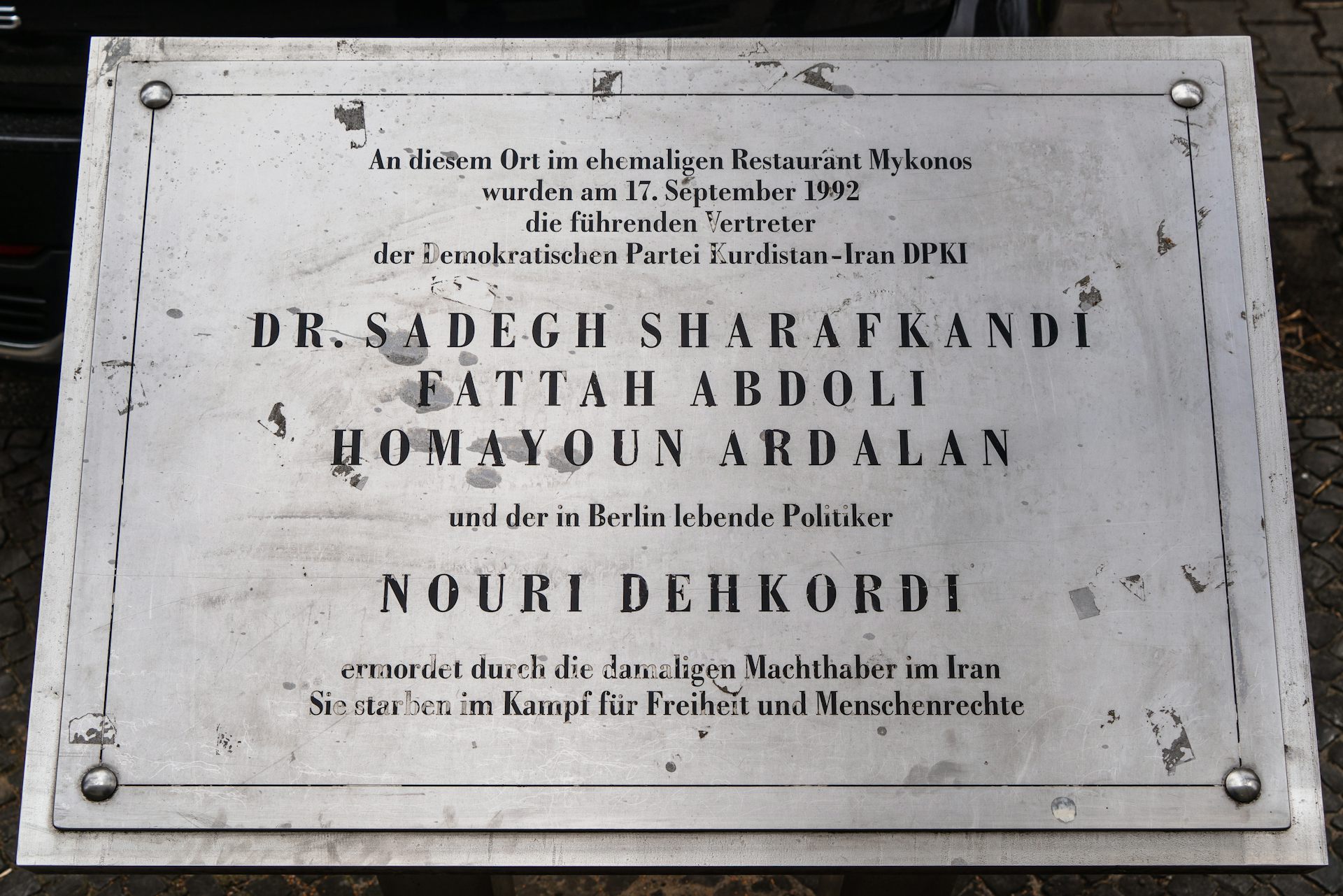 A memorial plaque for the victims of the attack in the Mykonos Greek restaurant in Berlin.