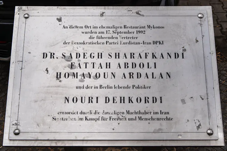 A memorial plaque for the victims of the attack in the Mykonos Greek restaurant in Berlin.