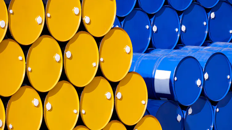 yellow blue barrels piled up