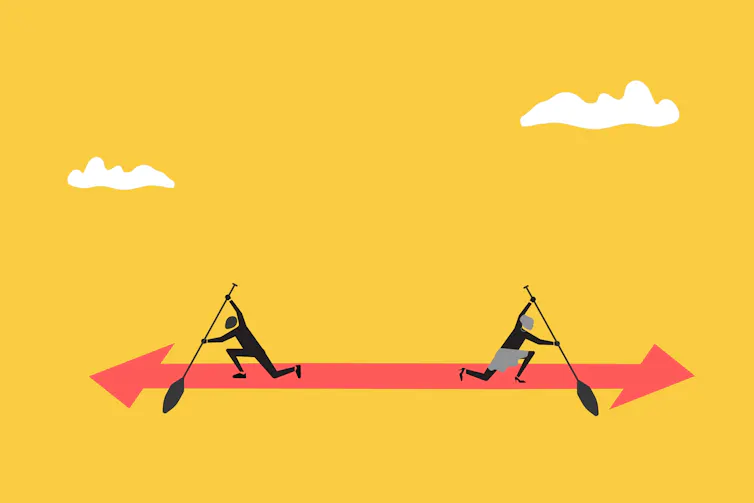yellow background, graphic of red arrow, two outlines of people moving away from each other in opposite directions