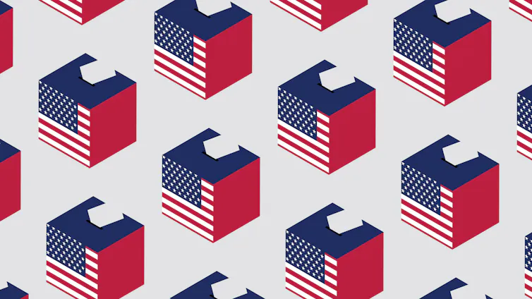 Ballot boxes covered in American flags.