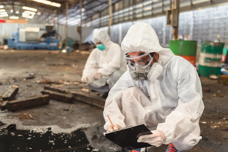 Dos persones amb equips de protecció analitzen mostres del terra en una nau.