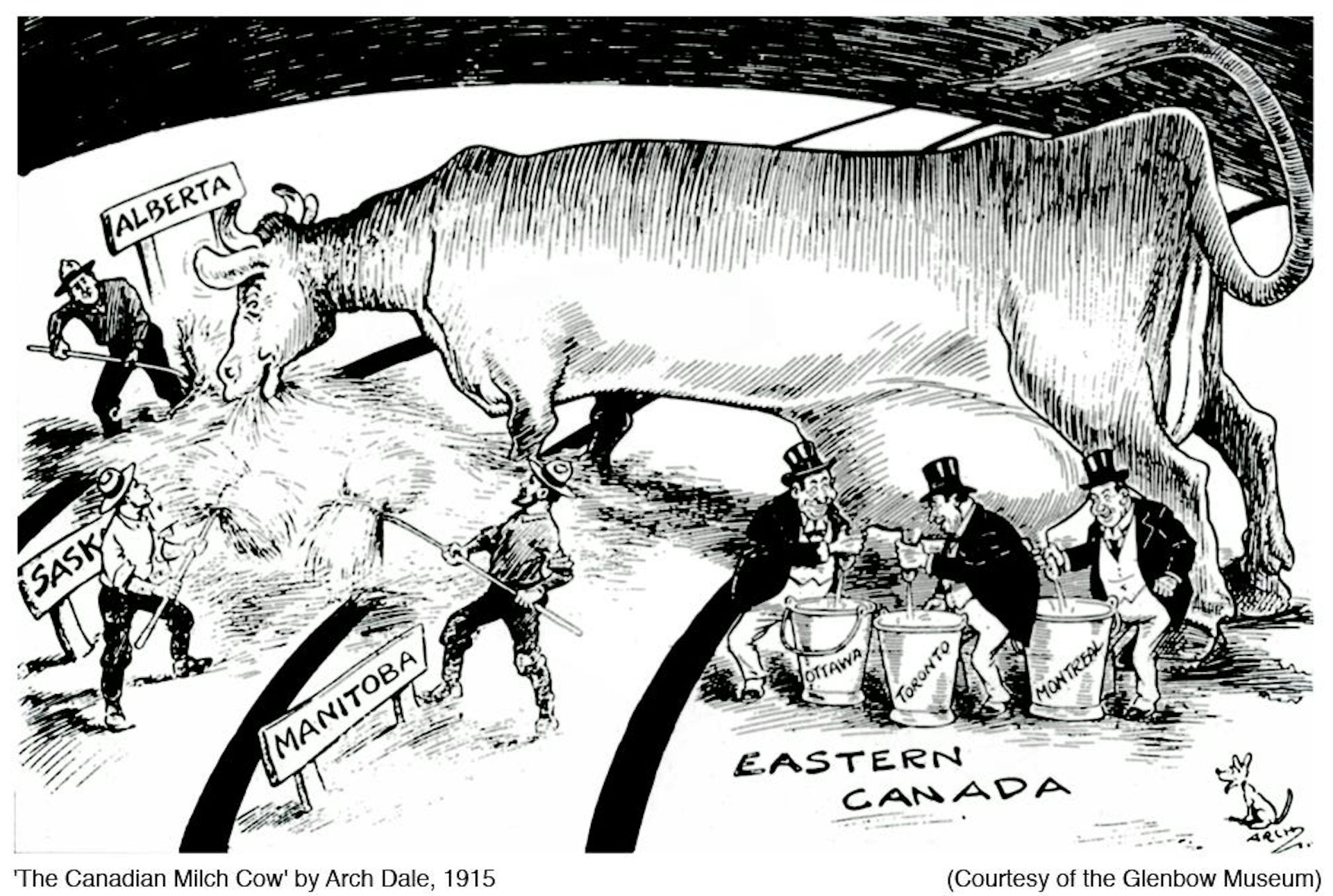 A black and white cartoon of a cow being milked across a map of Canada.