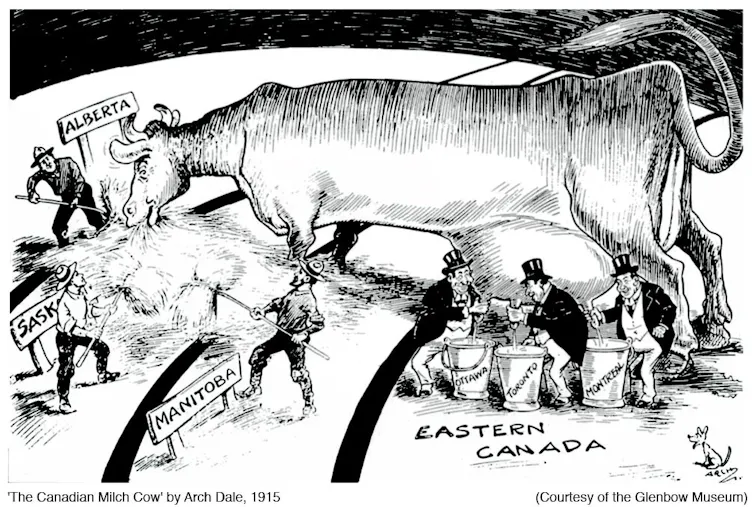 A black and white cartoon of a cow being milked across a map of Canada.